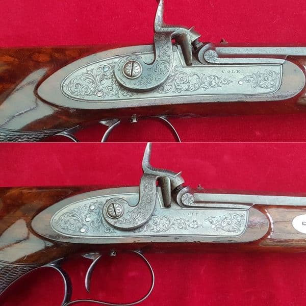 A cased pair of saw-handled Percussion Duelling pistols by COLE superb condition. FOR SALE. Ref 1674